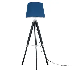 ValueLights Clipper Black Wood and Silver Chrome Tripod Floor Lamp with Navy Blue Tapered Light Shade with 6w LED GLS Bulb