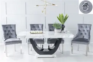 Madrid White Marble Dining Set - Grey Fabric Knocker Back Chairs With Chrome Legs