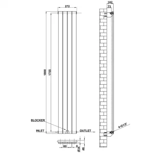 Vertical Anthracite Single Flat Panel Radiator (H) 1800 mm x (W) 272 mm, 2196 BTU.