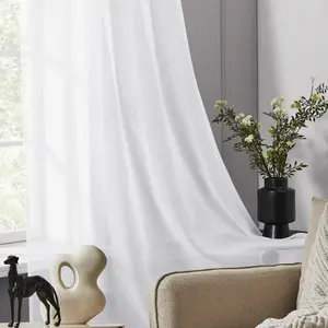 Deconovo Sheer Curtains Faux Linen Solid Semi Transparent Voile Window Net Curtains, White, 132x214cm, 2 Panels