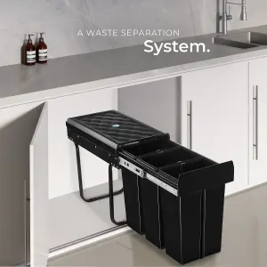 Kitchen Bin Ashlyn - 3 compartments, telescopic rails, 30L total capacity - black