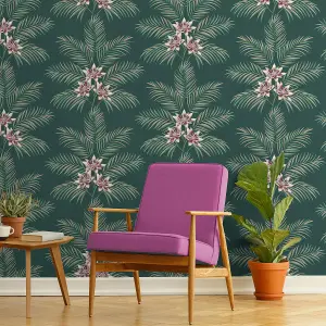 Fine Decor Bali Floral Leaves Dark Green Wallpaper Botanical Flowers Modern