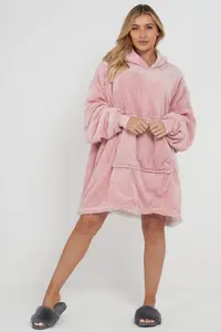 Oversized Wearable Blanket Hoodie Teddy Fleece Fluffy Sherpa Hooded Sweatshirt Blanket with Pocket for Men & Women (Blush Pink)