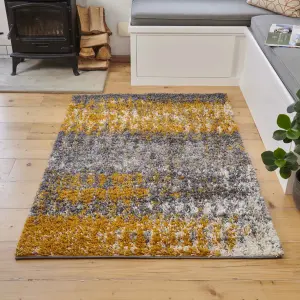 Yellow Ochre Grey Distressed Abstract Scandi Shaggy Living Area Rug 80x150cm