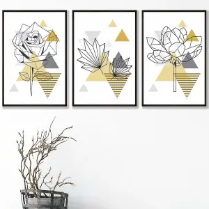 Set of 3 Framed Yellow and Grey Geometric Flowers Wall Art Prints / 42x59cm (A2) / Black Frame