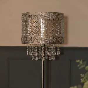 ValueLights Enna Silver Moroccan Style Floor Lamp with Acrylic Jewel Droplet Drum Lampshade