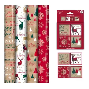 4x 7M Christmas Wrapping Paper Rolls Tartan Stag Kraft Effect 32 Tags