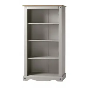 Mercers Furniture Corona Grey Wax Medium Bookcase Open Shelving Unit Solid Pine with Mexican Styling