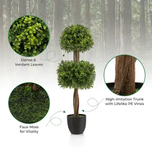 Costway 100CM Artificial Boxwood Topiary Double Ball Tree Faux Plant Fake Plant Home Decoration