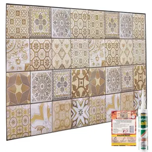 3D Wall Panels with Adhesive Included - Pack of 6 Sheets -Covering 29.76 sqft/2.76 sqm - Brown & Beige Mediterranean Tile Pattern