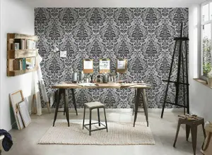 AS Creation Floral Damask Baroque Ornament Jewel Wallpaper Metallic Embossed 10m Roll Silver Black 36910-2