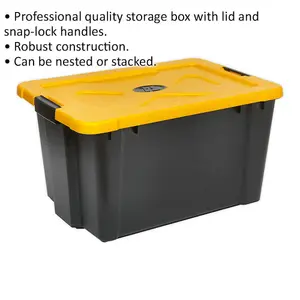 54L Stackable Storage Container with Lid - Durable Black Warehouse Bin 600x400x335mm