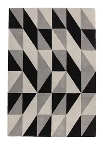 Grey Luxurious Modern Wool Chequered Geometric Handmade Rug For Living Room Bedroom & Dining Room-120cm X 170cm