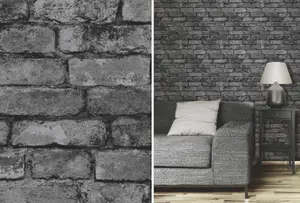 Fine Decor Rustic Brick Effect Charcoal Silver Grey Feature Wallpaper