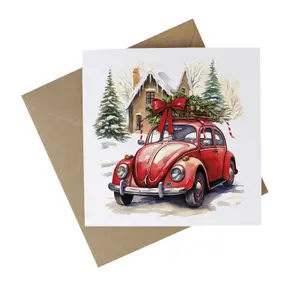 Eco-Friendly Christmas Cards - Recycled Card Plastic Free Xmas Greetings Card Gift - Vintage Red Car - Pack of 10