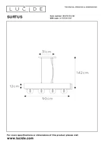 Lucide Surtus Industrial Bar Pendant Light - 4xE27 - Black