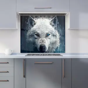 White Wolf Face Splashart Premium Glass Kitchen Splashback W600mm x H600mm