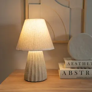 ValueLights Saskia Pair of - Natural Ceramic Textured Base Bedside Table Lamp with Linen Tapered Shade - LED Bulbs Included