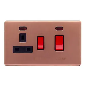 Brushed Copper Screwless Plate 45A Cooker Control Unit & Neon-Black Trim - Black Trim - SE Home