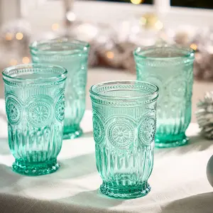 Set of 4 Luxury Embossed Green Tall Drinking Glass Tumblers 330ml