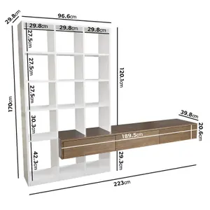 White Gloss and Oak Wall Mounted Open Bookshelves with Drawers - Everett