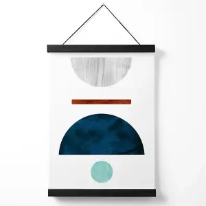 Teal and Grey Semi Circles Mid Century Geometric Medium Poster with Black Hanger