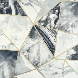 Arthouse Geometric Charcoal White Grey Marble Metallic Gold Feature Wallpaper