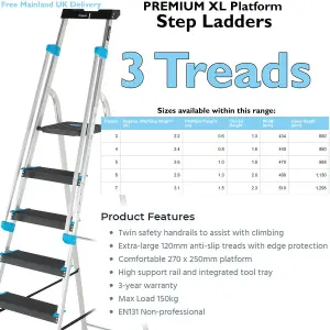 0.6m XL Platform Step Ladders 3 Tread Anti Slip Steps & Tool Tray Aluminium