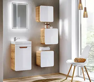 Bathroom Wall Cabinet Cube Unit x 3 Floating Storage Shelf Designer White Gloss Oak Arub