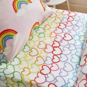 Catherine Lansfield Rainbow Hearts Cosy Fleece Fitted Sheet Pink