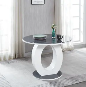 Modernique Giulia Round Grey 100 cm Tempered Glass Top White Dining Table with 4 Cream Faux Leather Dining Chairs