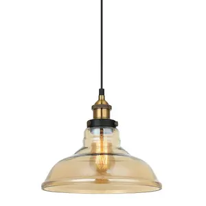 Luminosa Industrial And Retro Hanging Pendant Black, Gold 1 Light  with Amber Shade, E27 Dimmable