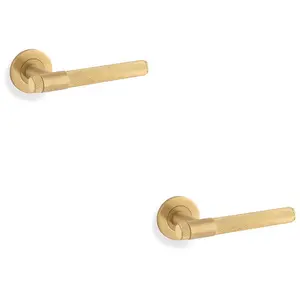 2 PACK - SOLID BRASS Knurled Door Handle Set - Satin Brass Bar Lever on Round Rose