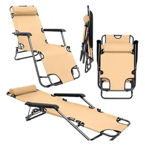 Neo Beige 2x Pair 2 In 1 Sun Lounger Outdoor Garden Chairs Zero Gravity Recliner Reclining Folding Set