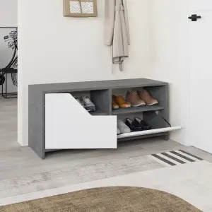 Decortie Modern Nexus Shoe Cabinet Retro Grey, White 105(W) 2-Door Storage and Open Shelf Space Saver Engineered Wood Hallway