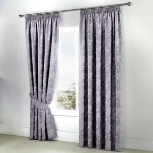 Jasmine Floral Jacquard Weave Pair of Lined Pencil Curtains with Tie-backs