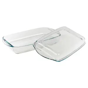 Queensway Home & Dining Height 6cm Borcam Pyrex Glass Rectangle Casserole Baking Dish Oven Bakeware with Lid