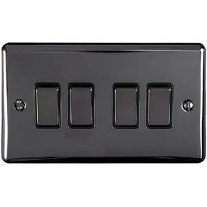 4 Gang Quad Light Switch BLACK NICKEL 2 Way 10A Black Trim & Metal Rocker