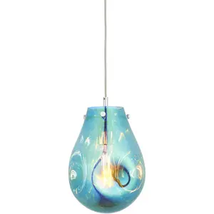 Hanging Ceiling Pendant Light - Petrol Blue Metallic Glass & Chrome Plate - 10W LED E27