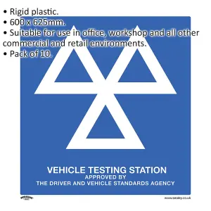 10 Pack of Rigid Plastic MOT Testing Station Safety Signs - 600 x 625mm Warning Plates