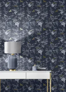 Muriva Blue Floral 3D effect Patterned Wallpaper