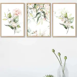 Set of 3 Pink Watercolour Rose Bouquets Wall Art Prints / 42x59cm (A2) / Oak Frame