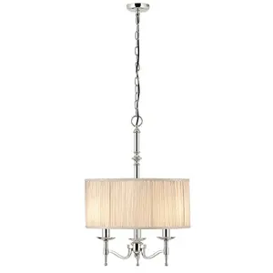 Avery Ceiling Pendant Chandelier Light 3 Lamp Bright Nickel & Beige Round Shade