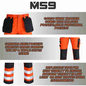 MS9 Mens Hi Viz Cargo Combat Holster Pockets Tactical Working Work Trouser Trousers Pants Jeans, Orange - 30W/30L