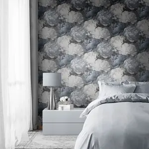 Doretta Floral Textured Vinyl Wallpaper Blue Muriva 213302