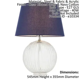 Table Lamp Clear Ribbed Glass & Navy Cotton 40W E27 GLS Base & Shade