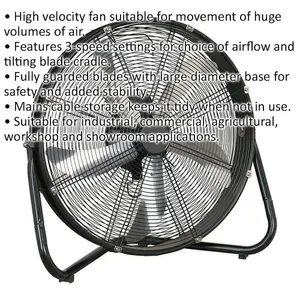 20" Industrial High Velocity Floor Fan - 3 Speed Settings - Tilting Stand - 230V