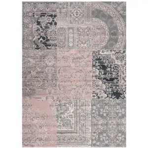 Blush Pink Grey Traditional Patchwork Living Room Rug 190x280cm