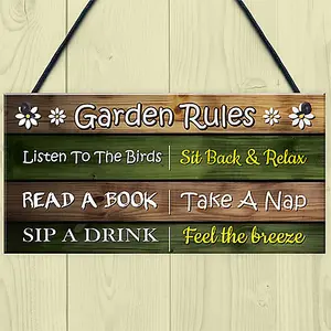 Red Ocean Garden Rules Sign - Funny Garden Signs and Plaques - Novelty Outdoor Garden Shed Plaques - Hanging Decoration Signs