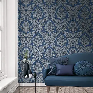 Pear Tree Damask Wallpaper Metallic Glitter Textured Navy Silver Grey Vinyl